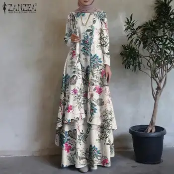 2022 Dubaija Turcija Maxi Sundress ZANZEA Sieviešu Vintage Ziedu Iespiesti Abaya Kleita, Hijab Musulmaņu Musulmaņu Apģērbu, Tērpu Zaudēt Kleitas