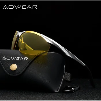 AOWEAR Vīriešu Polarizētās Nakts Redzamības Brilles par Braukšanas Aizsargbrilles Alumīnija Dzeltenas Saulesbrilles Vīriešiem Augstas Kvalitātes Vadītāja Brilles