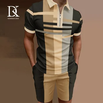 Modes T-Krekls Svītras 3D Iespiesti Dziesmu Uzvalks Sporta Gadījuma Vīrieši Luksusa Zip Polo Krekls&Šorti 2 Gabals, kas Augstas Kvalitātes Vīriešu Uzvalks