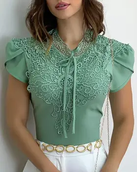Sieviešu Puff Piedurknēm Top Piparmētru Zaļa Mežģīnes Plāksteris Blūze Ikdienas Elegants Īsām Piedurknēm T-Krekls Visas Spēles Lady Biroja Valkāt Drēbes Y2K