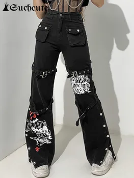 SUCHCUTE Gothic Pārsējs Sieviešu Baggy Bikses Punk Stila Egirl Melnās Džinsa Bikses Y2K Tumši Augstskolu Augstums Vidukļa Streetwear Bikses