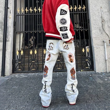 Vīriešu Galvaskausa Džinsi Cilvēks Bikses Hip Hop Vintage Uzliesmoja Izšūti Sieviete Y2k Trendyol Bikses Skelets Streetwear Slim Jean
