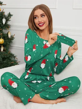 Ziemassvētku Sieviešu Sleepwear Uzstādīt Ziemassvētku Drukāt Pidžamas Tērpiem Ziemassvētki Garām Piedurknēm Topi Gadījuma Brīvs Bikses Divas Gabals, Kas